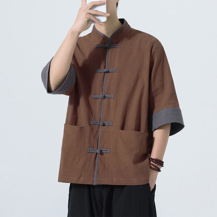 Buddha Stones 夏物カジュアル 唐草風カエルボタン 無地コットン メンズ半袖シャツ ポケット付き - image 9