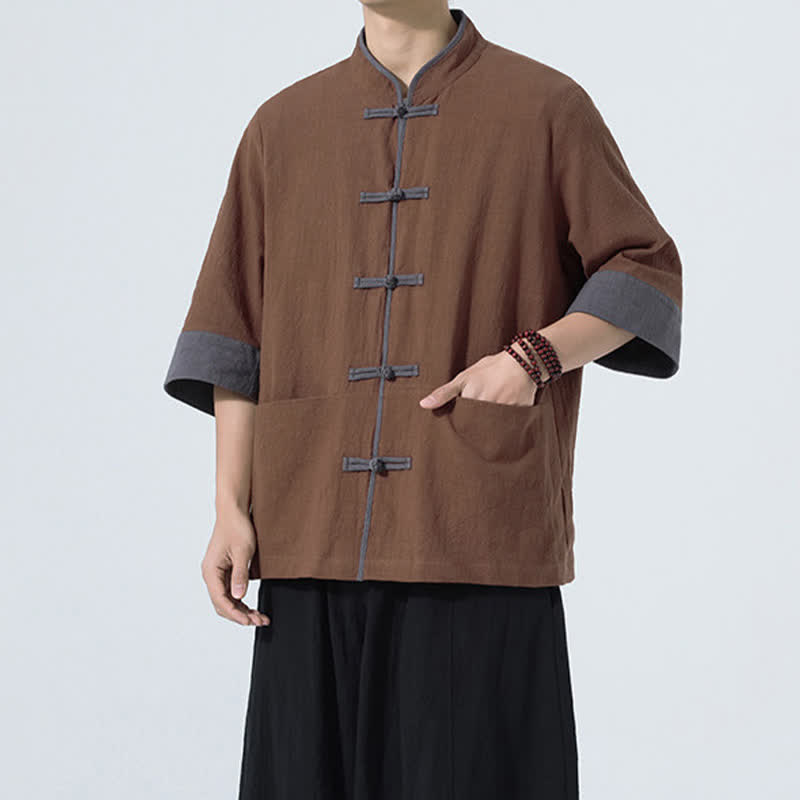 Buddha Stones 夏物カジュアル 唐草風カエルボタン 無地コットン メンズ半袖シャツ ポケット付き - image 10