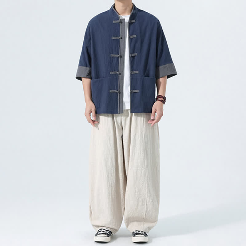 Buddha Stones 夏物カジュアル 唐草風カエルボタン 無地コットン メンズ半袖シャツ ポケット付き - image 7