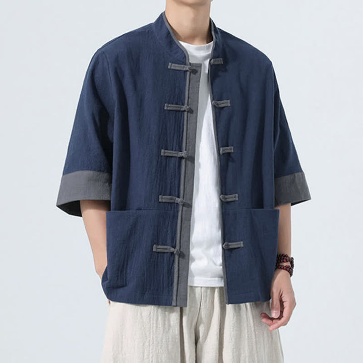 Buddha Stones 夏物カジュアル 唐草風カエルボタン 無地コットン メンズ半袖シャツ ポケット付き - image 5