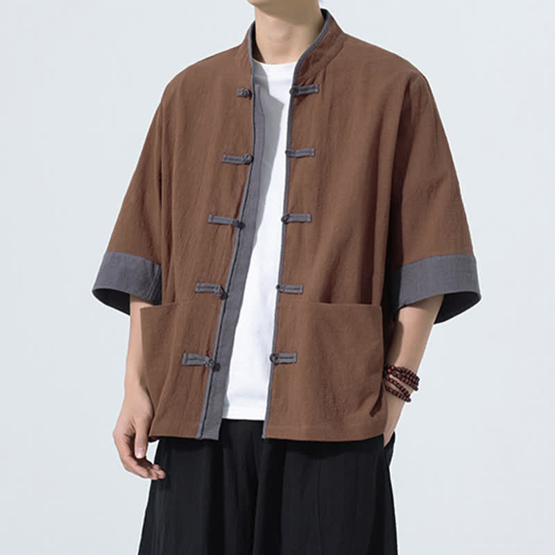 Buddha Stones 夏物カジュアル 唐草風カエルボタン 無地コットン メンズ半袖シャツ ポケット付き - image 11
