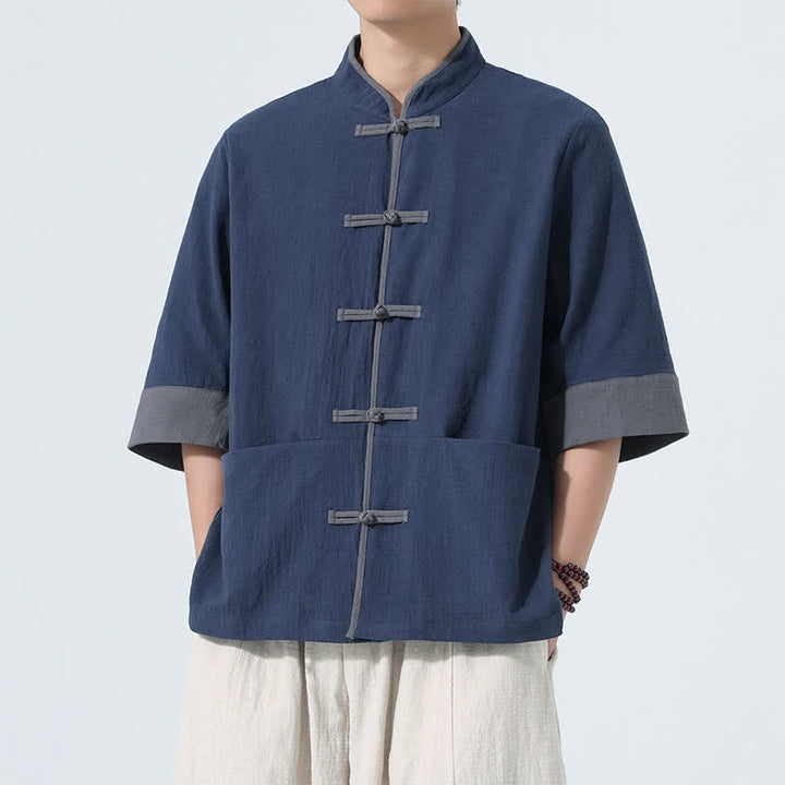 Buddha Stones 夏物カジュアル 唐草風カエルボタン 無地コットン メンズ半袖シャツ ポケット付き - image 1