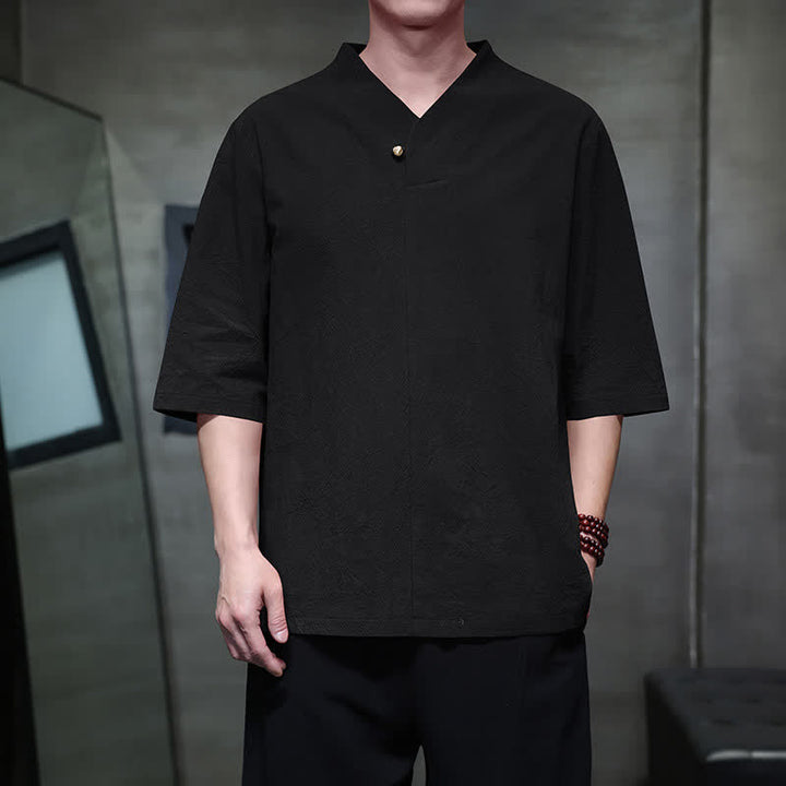 Buddha Stones 夏物カジュアル 唐スタイル マンダリンカラー 無地 メンズ半袖シャツ - 黒 - US/UK/AU46, EU56 （5XL） - image 13