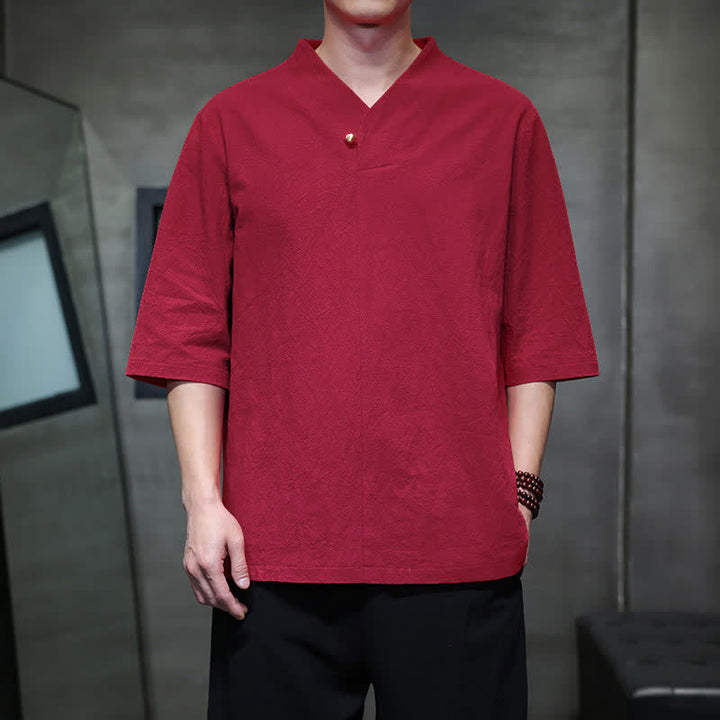 Buddha Stones 夏物カジュアル 唐スタイル マンダリンカラー 無地 メンズ半袖シャツ - 耐火レンガ - US/UK/AU46, EU56 （5XL） - image 6