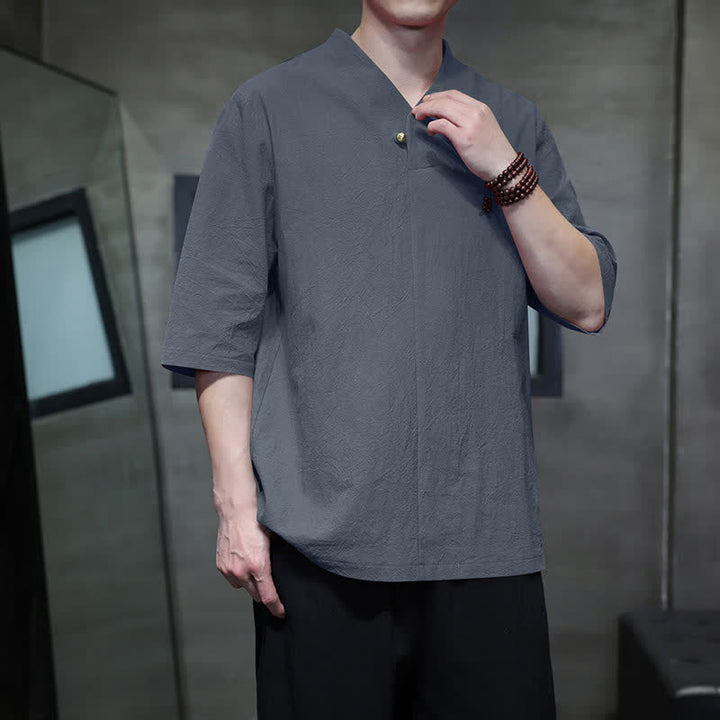 Buddha Stones 夏物カジュアル 唐スタイル マンダリンカラー 無地 メンズ半袖シャツ - スレートグレー - US/UK/AU46, EU56 （5XL） - image 0
