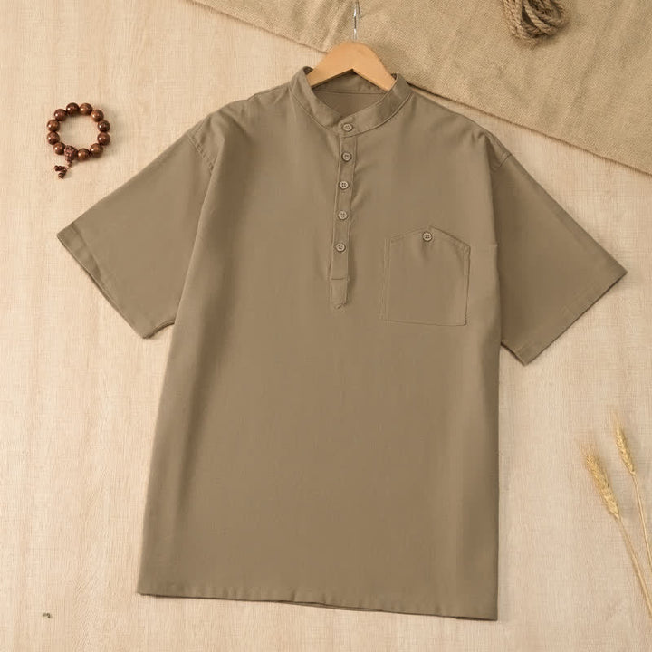 Buddha Stones 夏物カジュアル 唐スタイル マンダリンカラー 無地 メンズ半袖シャツ ポケット付き - タン - US/UK/AU42, EU52 （3XL） - image 0