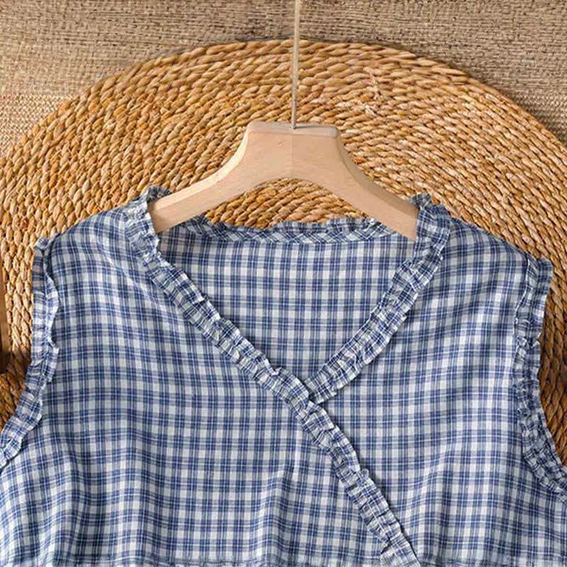 Buddha Stones 夏物カジュアルヴィンテージフリルVネックチェック柄タンクトップレディースノースリーブTシャツ - image 2