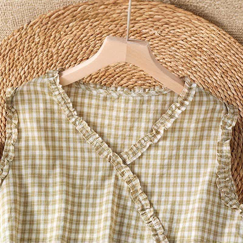 Buddha Stones 夏物カジュアルヴィンテージフリルVネックチェック柄タンクトップレディースノースリーブTシャツ - image 8