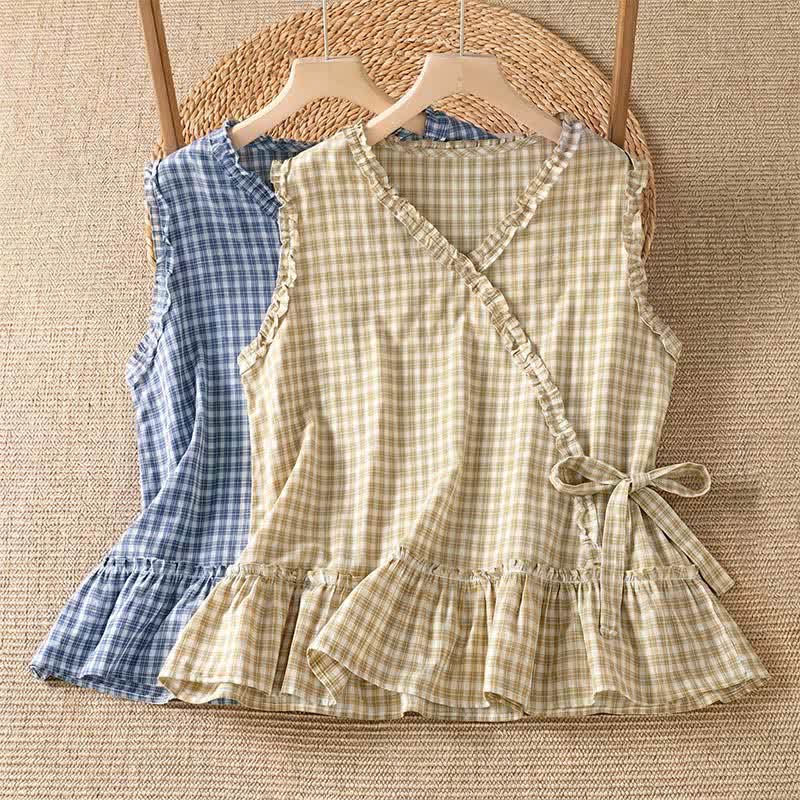 Buddha Stones 夏物カジュアルヴィンテージフリルVネックチェック柄タンクトップレディースノースリーブTシャツ - image 15