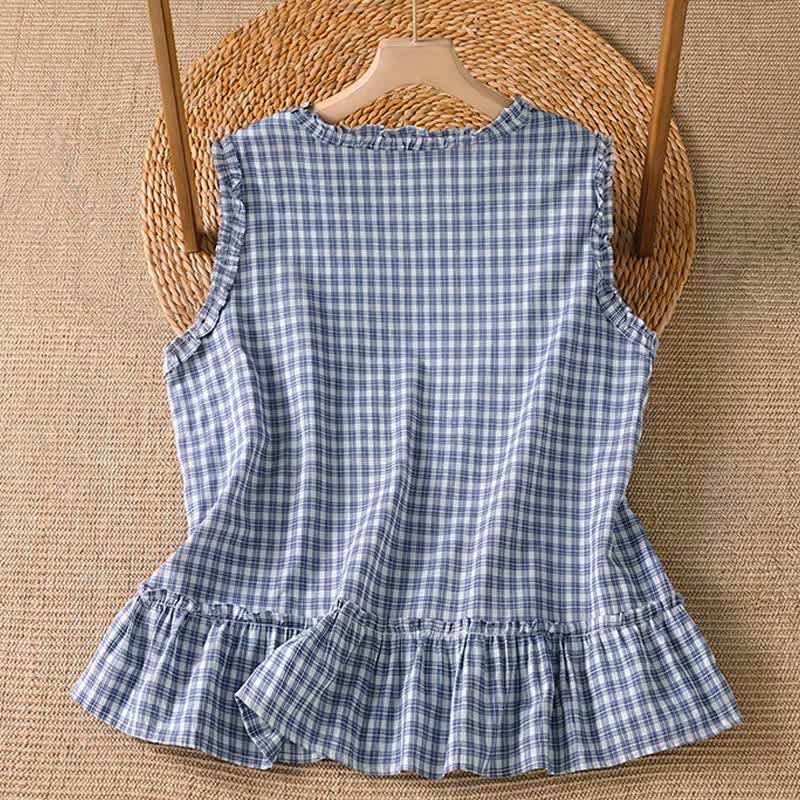 Buddha Stones 夏物カジュアルヴィンテージフリルVネックチェック柄タンクトップレディースノースリーブTシャツ - image 1