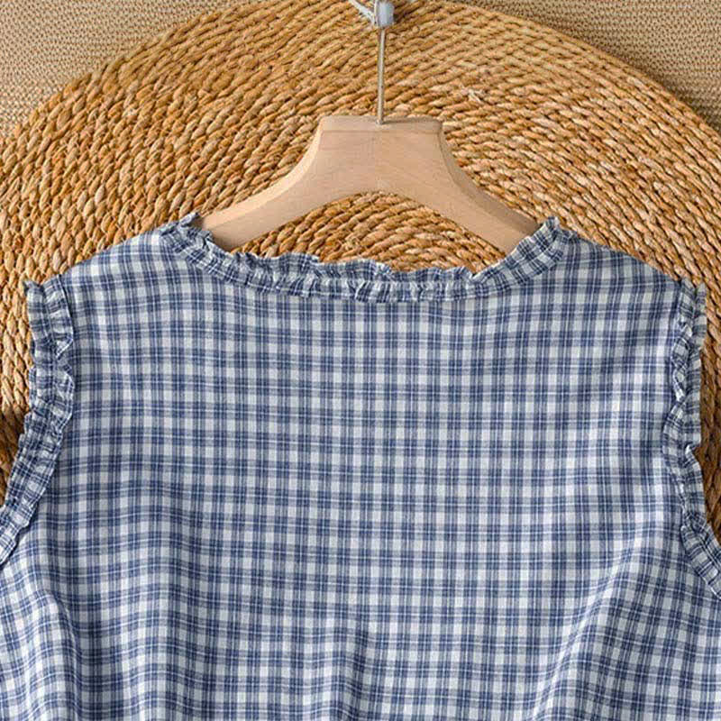 Buddha Stones 夏物カジュアルヴィンテージフリルVネックチェック柄タンクトップレディースノースリーブTシャツ - image 3