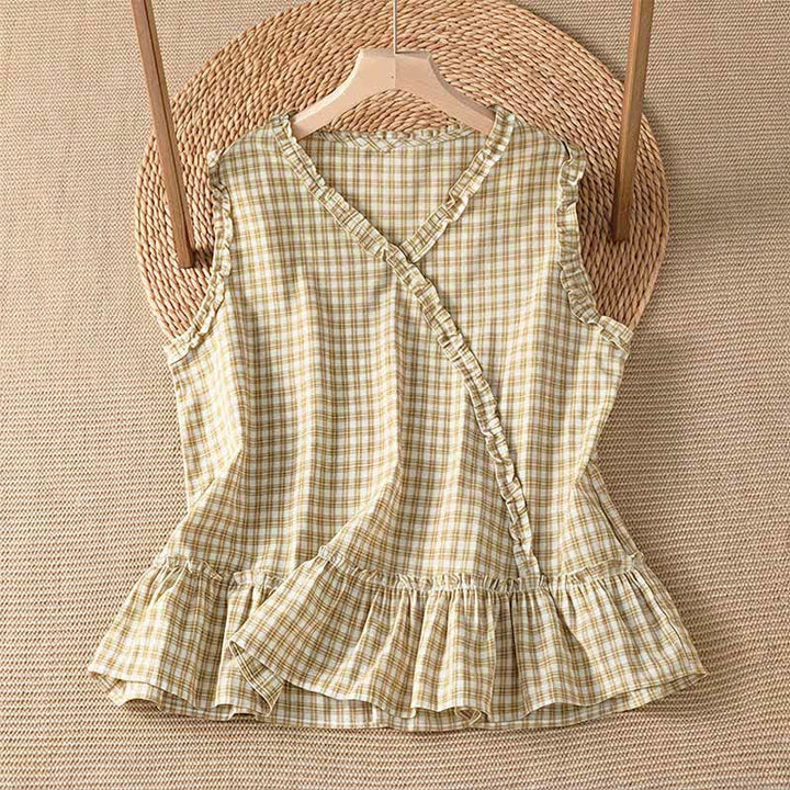 Buddha Stones 夏物カジュアルヴィンテージフリルVネックチェック柄タンクトップレディースノースリーブTシャツ - ペールゴールデンロッド - US6, UK/AU10, EU38 （M） - image 6