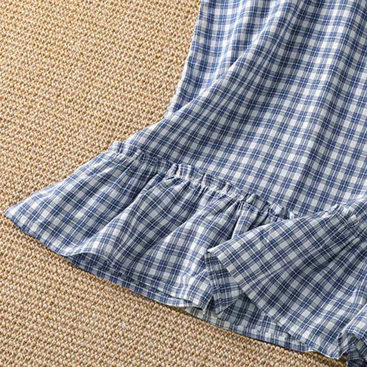 Buddha Stones 夏物カジュアルヴィンテージフリルVネックチェック柄タンクトップレディースノースリーブTシャツ - image 5
