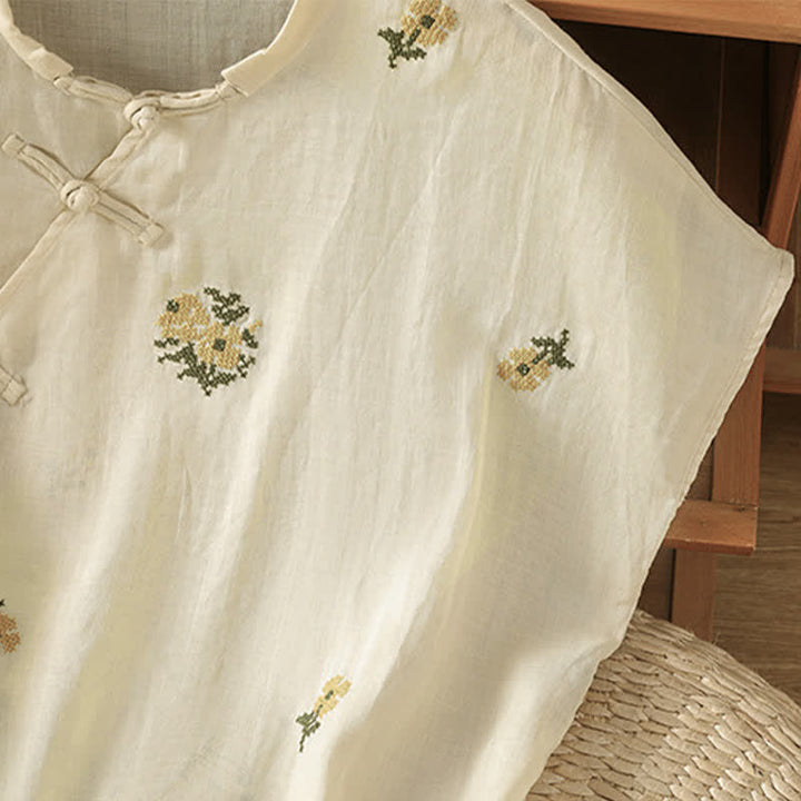 Buddha Stones 夏物カジュアル 唐風 マンダリンカラー 刺繍入り花柄タンクトップ レディース ノースリーブシャツ - image 5