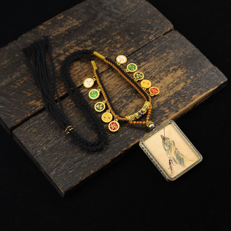 Buddha Stones 銅製の関羽護符編みタッセル付きタンカネックレス - 青いローブをまとった観音菩薩のタンカ - image 17