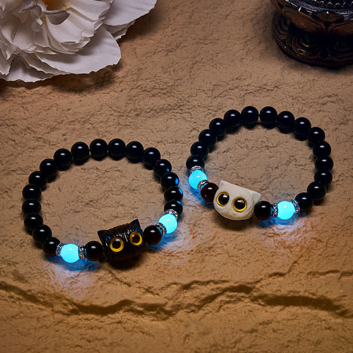 Buddha Stones 黒曜石の手彫りビッグアイキャットレリーフビーズブレスレット - image 0