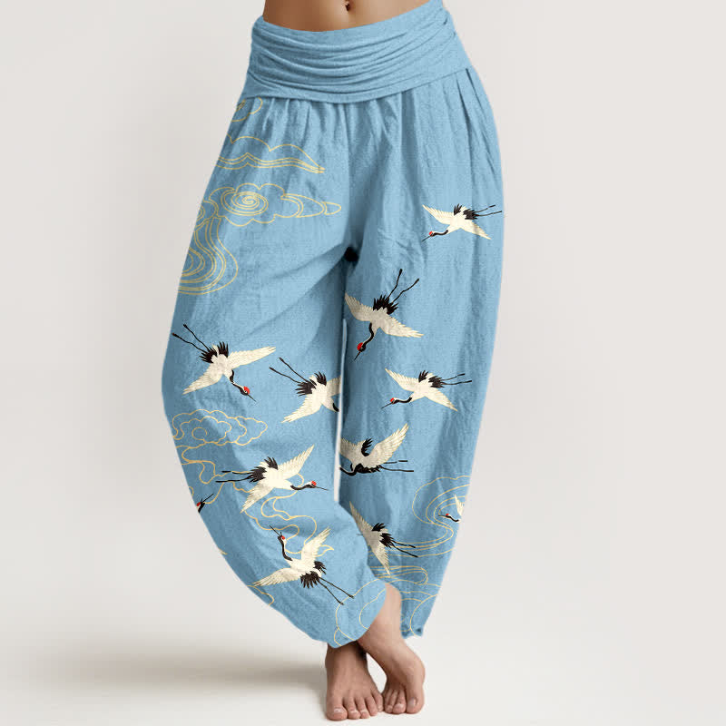Buddha Stones 綿素材の飛鶴柄レディースゴムウエストハーレムパンツ - スカイブルー - US16、 UK/AU20、 EU48 (3XL) - image 8