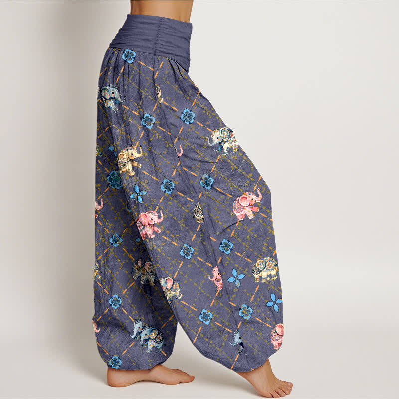 Buddha Stones コットンエレファント花柄 レディース ゴムウエスト ハーレムパンツ - image 1