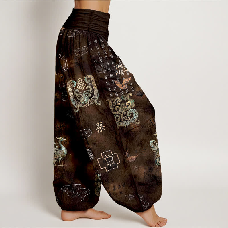 Buddha Stones 綿素材の鳳凰雲柄レディースゴムウエストハーレムパンツ - image 1