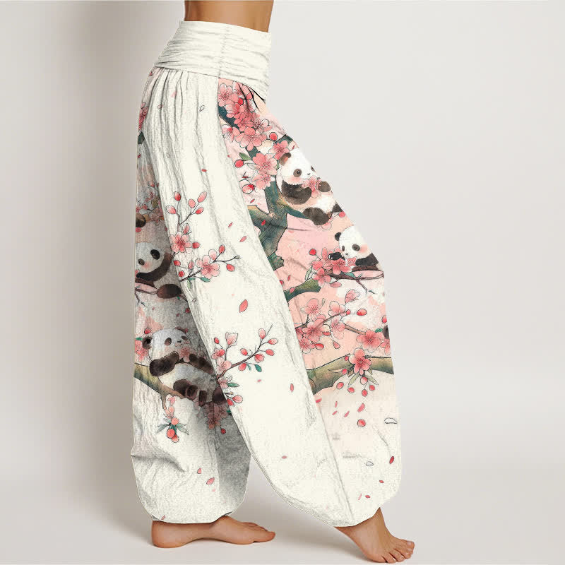 Buddha Stones コットンパンダ桜柄レディースゴムウエストハーレムパンツ - image 1