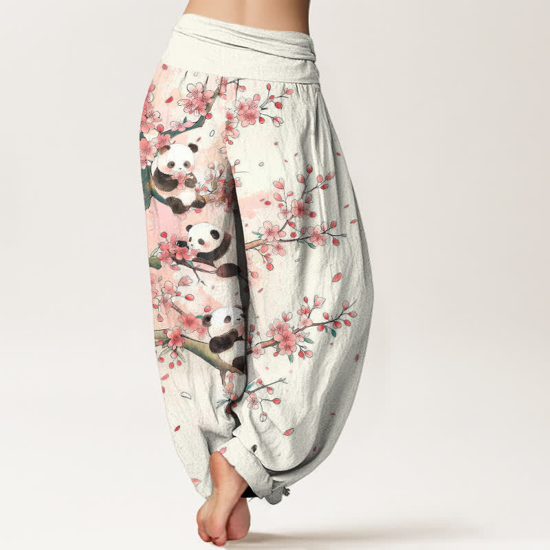 Buddha Stones コットンパンダ桜柄レディースゴムウエストハーレムパンツ - image 2