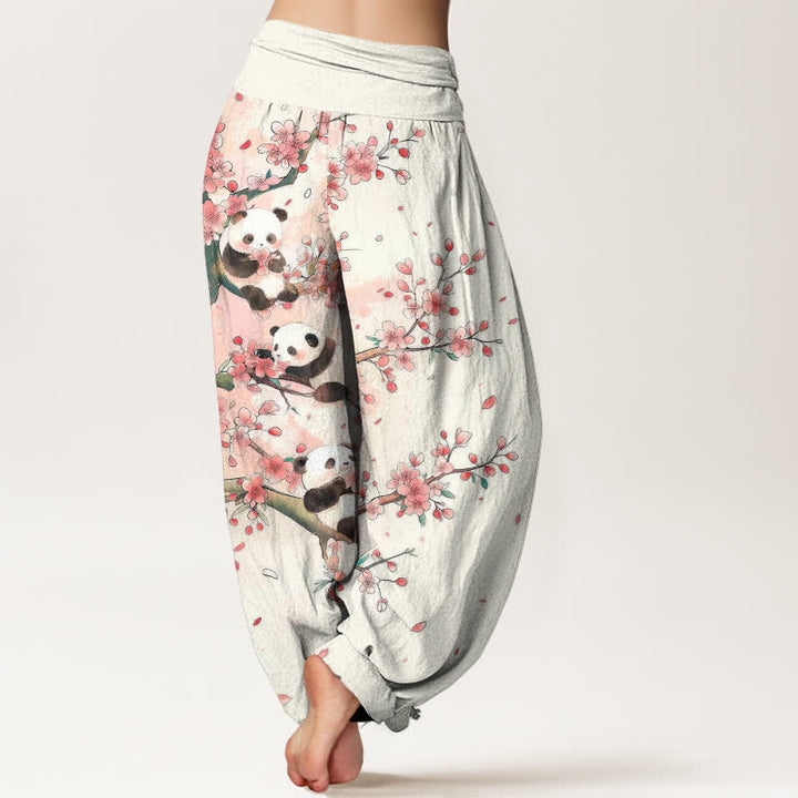 Buddha Stones コットンパンダ桜柄レディースゴムウエストハーレムパンツ - image 2