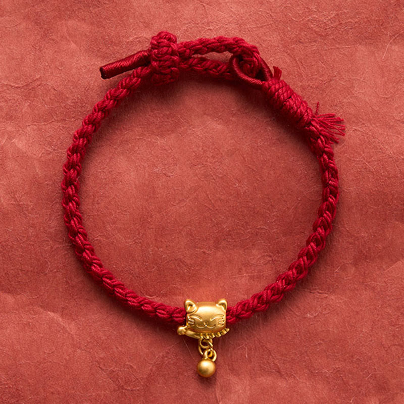 Buddha Stones チベットの赤紐と銅製の招き猫ドロップボールペンダント、手織りの守護ブレスレット - image 2