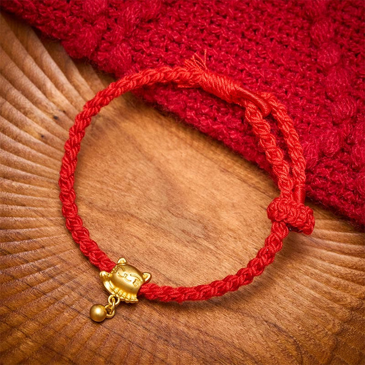 Buddha Stones チベットの赤紐と銅製の招き猫ドロップボールペンダント、手織りの守護ブレスレット - image 11