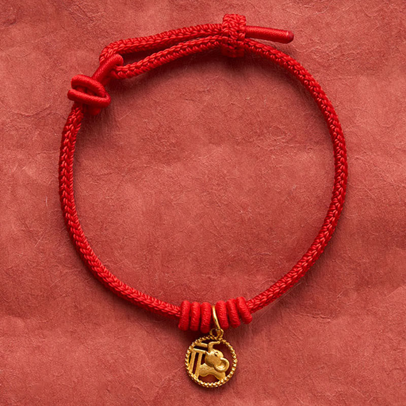 Buddha Stones 象の福の文字入り金メッキ銅製赤紐開運財運ブレスレット - image 4