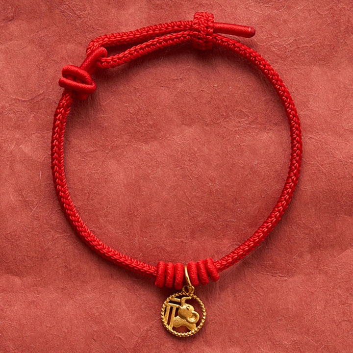 Buddha Stones 象の福の文字入り金メッキ銅製赤紐開運財運ブレスレット - image 4