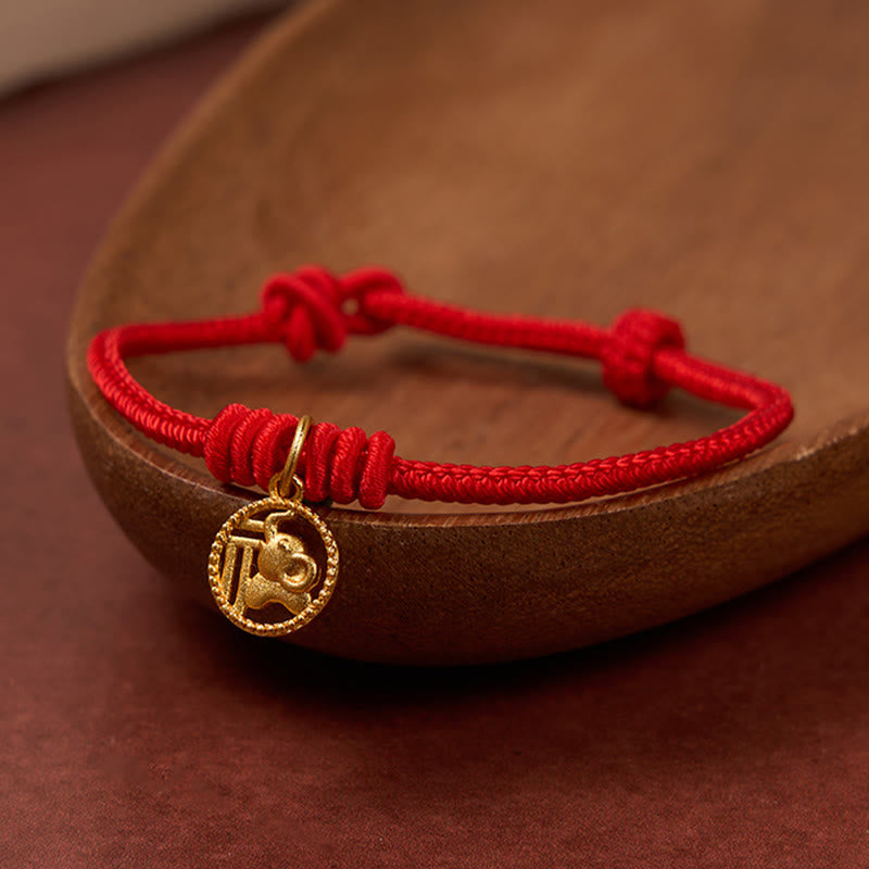 Buddha Stones 象の福の文字入り金メッキ銅製赤紐開運財運ブレスレット - image 2