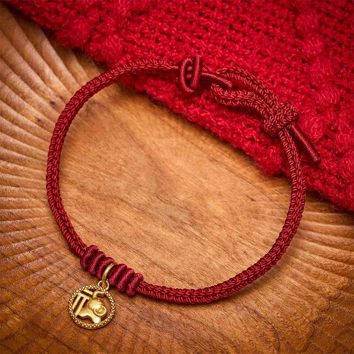 Buddha Stones 象の福の文字入り金メッキ銅製赤紐開運財運ブレスレット - image 12