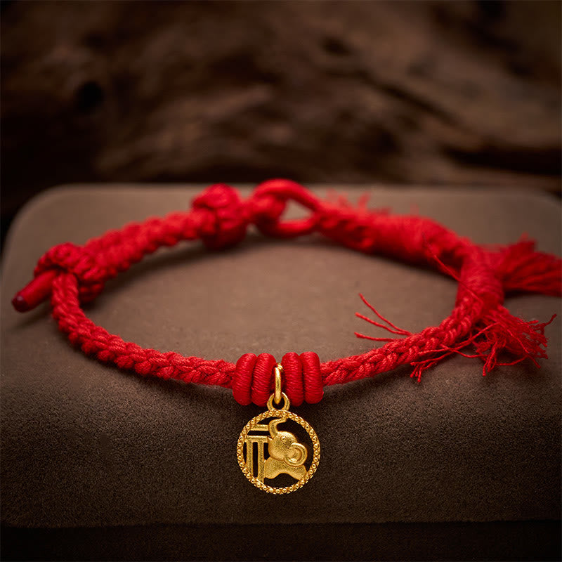 Buddha Stones 象の福の文字が金メッキされた銅製の赤紐のバランスチベットブレスレット - image 3