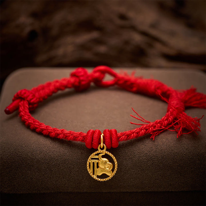 Buddha Stones 象の福の文字が金メッキされた銅製の赤紐のバランスチベットブレスレット - image 3
