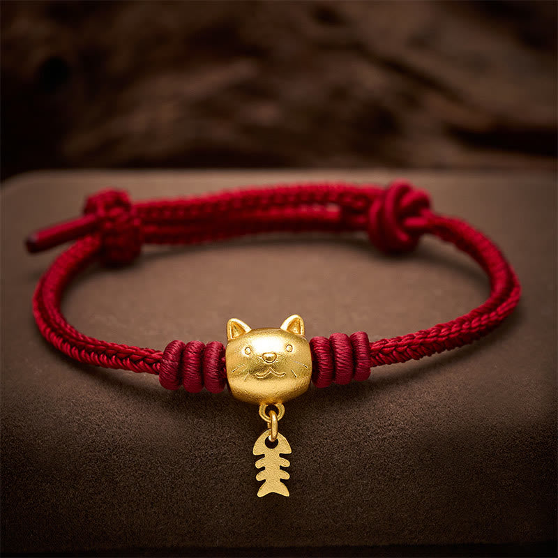 Buddha Stones 銅製のかわいい猫魚モチーフの赤紐のヒーリングブレスレット - image 3