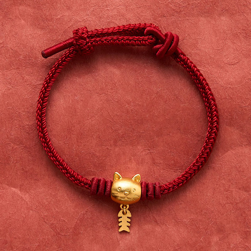 Buddha Stones 銅製のかわいい猫魚モチーフの赤紐のヒーリングブレスレット - image 4