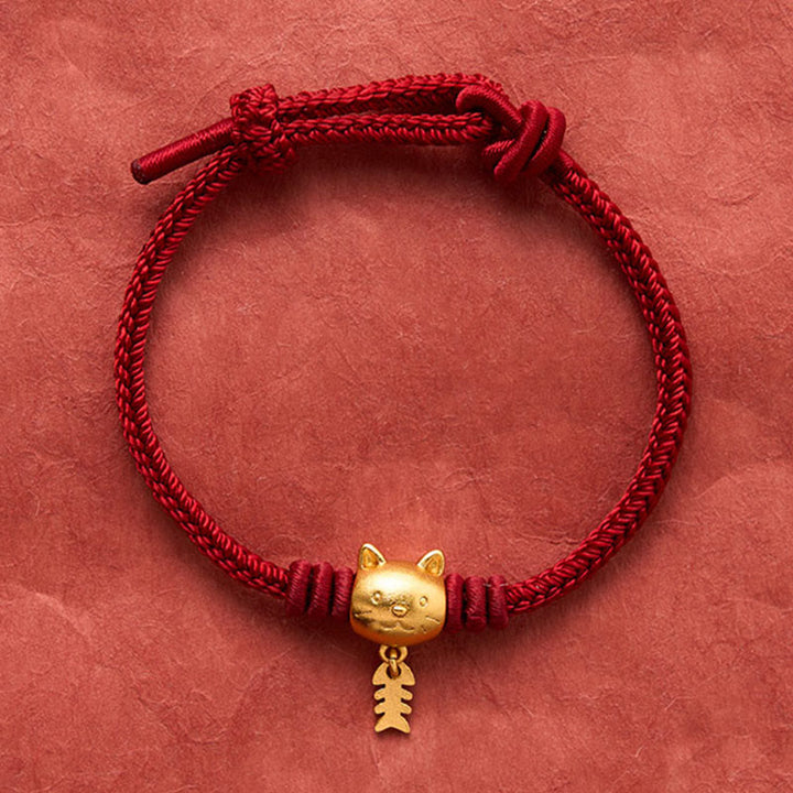 Buddha Stones 銅製のかわいい猫魚モチーフの赤紐のヒーリングブレスレット - image 4