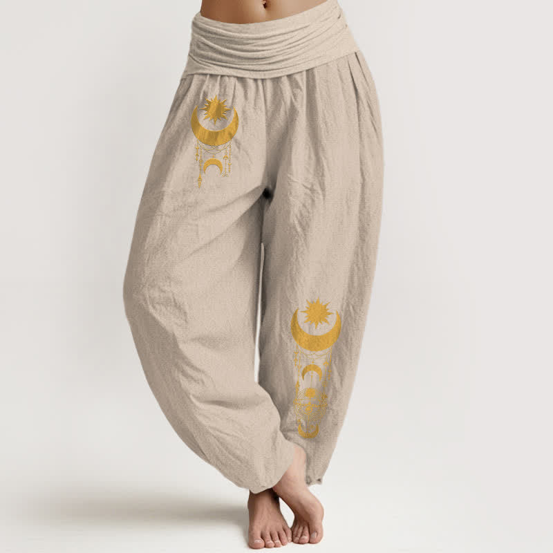 Buddha Stones 純綿素材、金色の三日月と星柄のレディースゴムウエストハーレムパンツ - タン - US16、 UK/AU20、 EU48 (3XL) - image 14