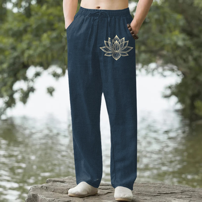 Buddha Stones 綿素材、金蓮柄、メンズテーパードパンツ（ポケット付き） - 海軍 - US/UK/AU50、EU60（5XL） - image 0
