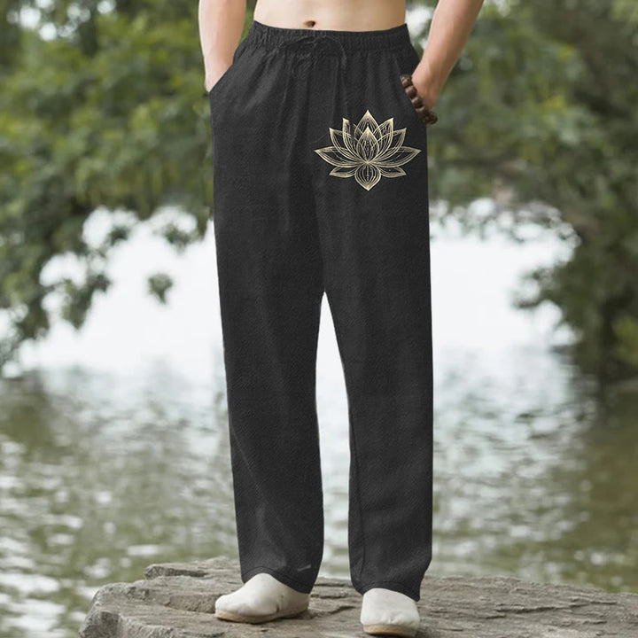 Buddha Stones 綿素材、金蓮柄、メンズテーパードパンツ（ポケット付き） - 黒 - US/UK/AU50、EU60（5XL） - image 6