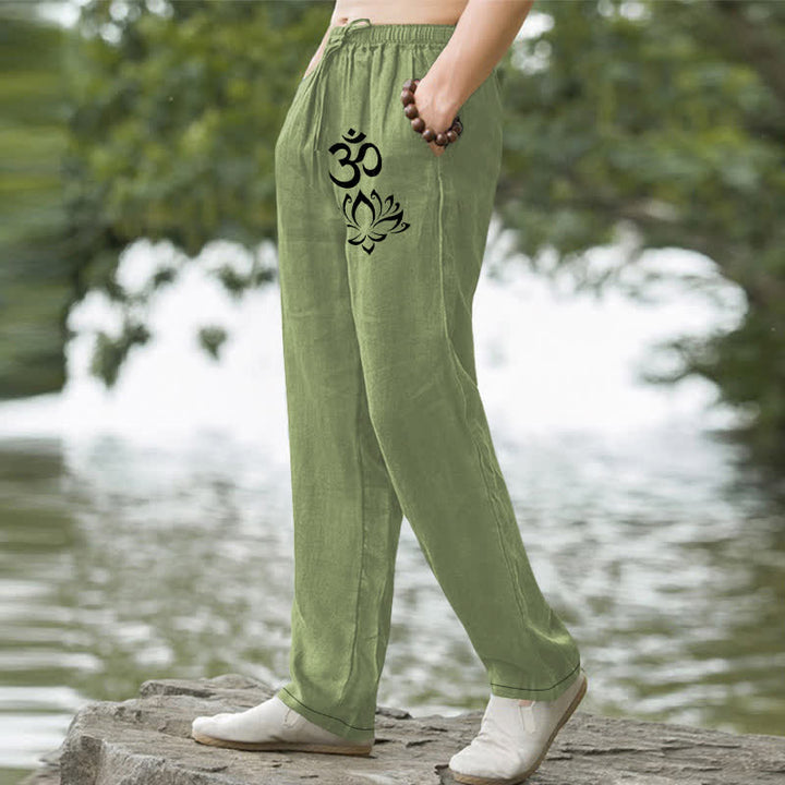 Buddha Stones コットン素材、蓮の花柄、ポケット付きメンズテーパードパンツ - image 1