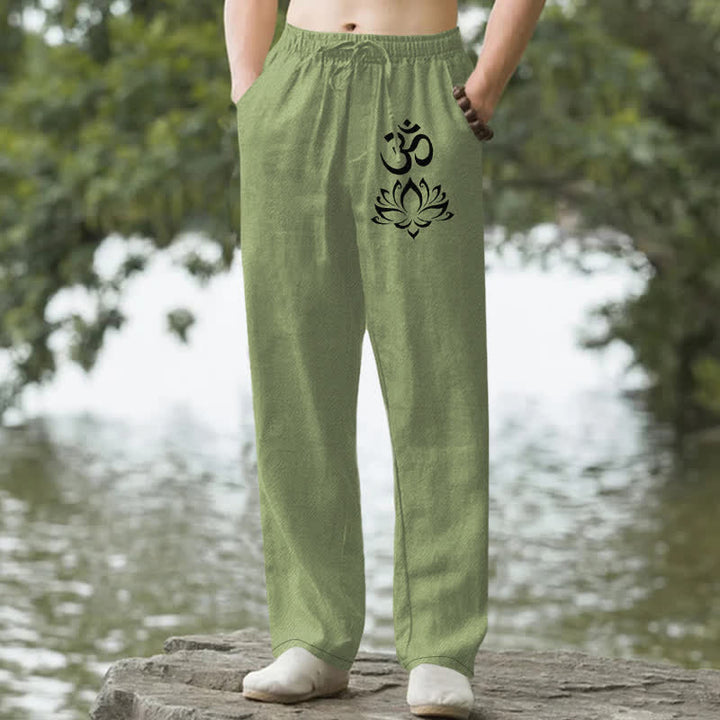 Buddha Stones コットン素材、蓮の花柄、ポケット付きメンズテーパードパンツ - オリーブドラブ - US/UK/AU50、EU60（5XL） - image 0