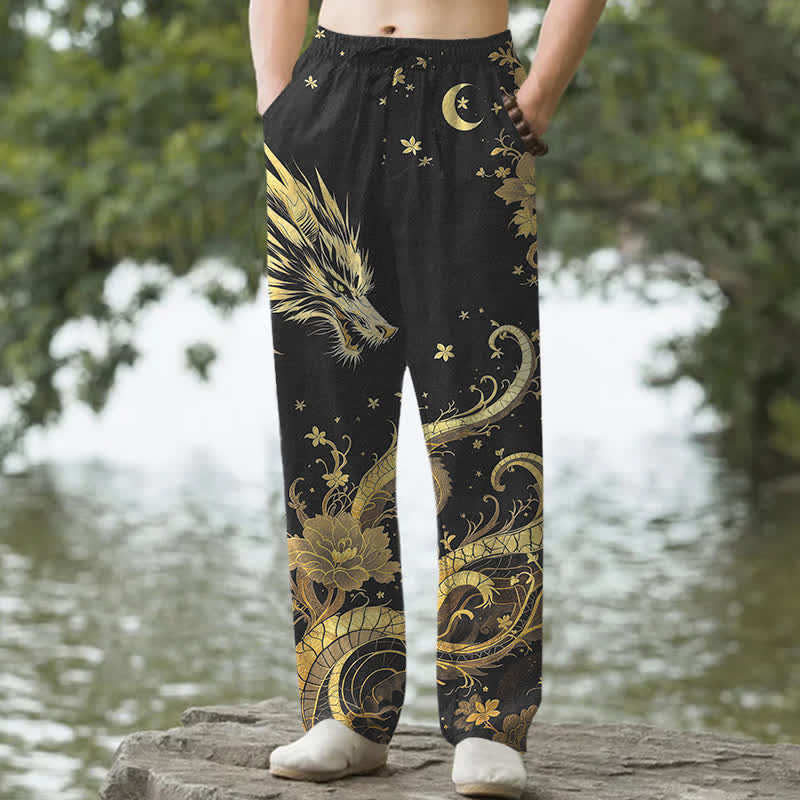 Buddha Stones 綿素材、金龍雲柄、メンズテーパードパンツ（ポケット付き） - 黒 - US/UK/AU50、EU60（5XL） - image 0
