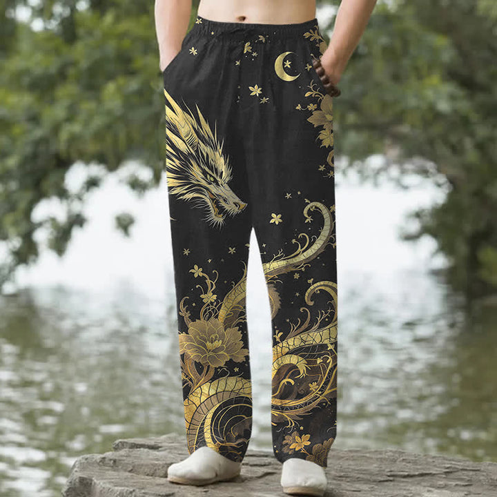Buddha Stones 綿素材、金龍雲柄、メンズテーパードパンツ（ポケット付き） - 黒 - US/UK/AU50、EU60（5XL） - image 0