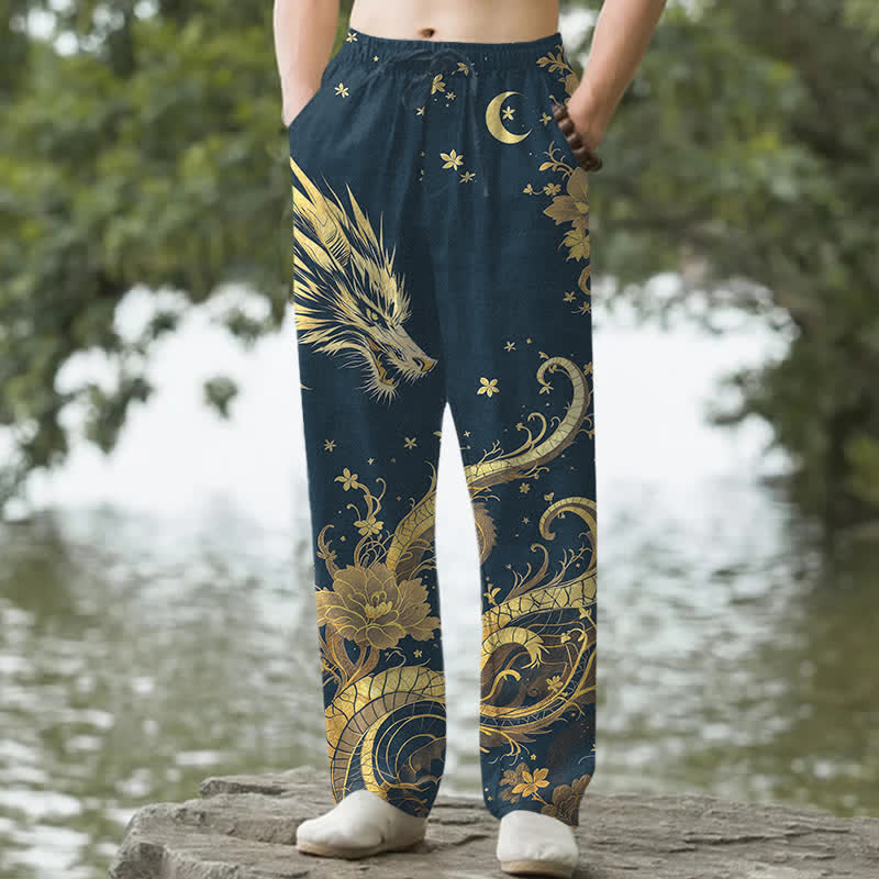 Buddha Stones 綿素材、金龍雲柄、メンズテーパードパンツ（ポケット付き） - 海軍 - US/UK/AU50、EU60（5XL） - image 4