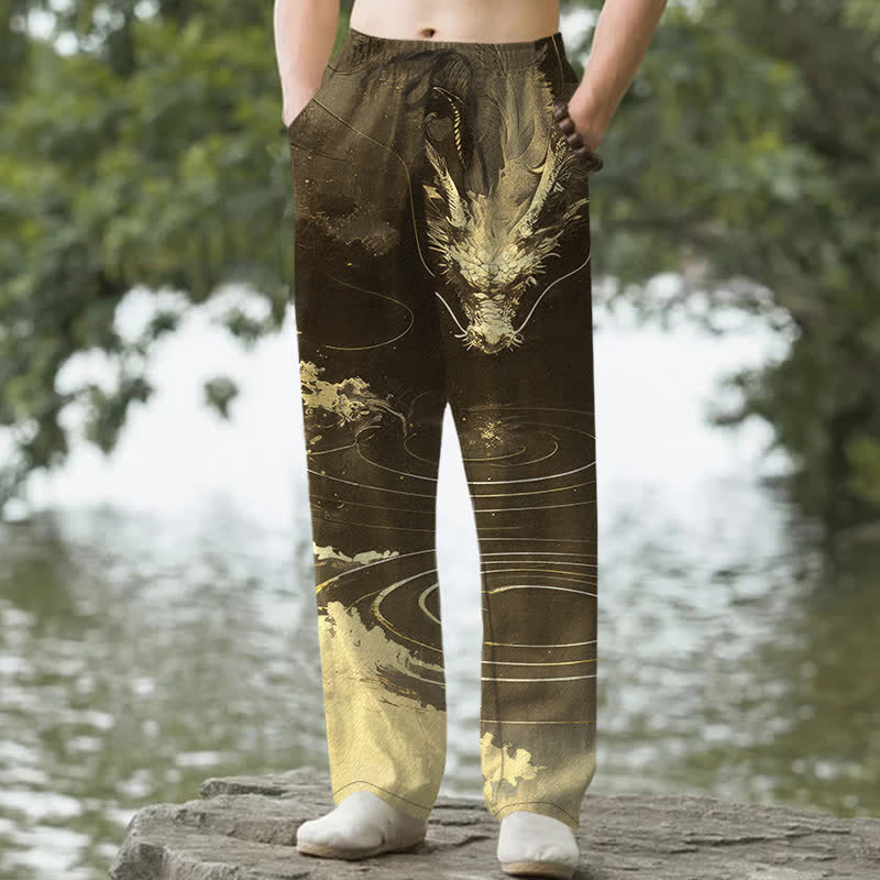 Buddha Stones 綿素材、金色の龍の波模様、ポケット付きメンズテーパードパンツ - オリーブ - US/UK/AU50、EU60（5XL） - image 6