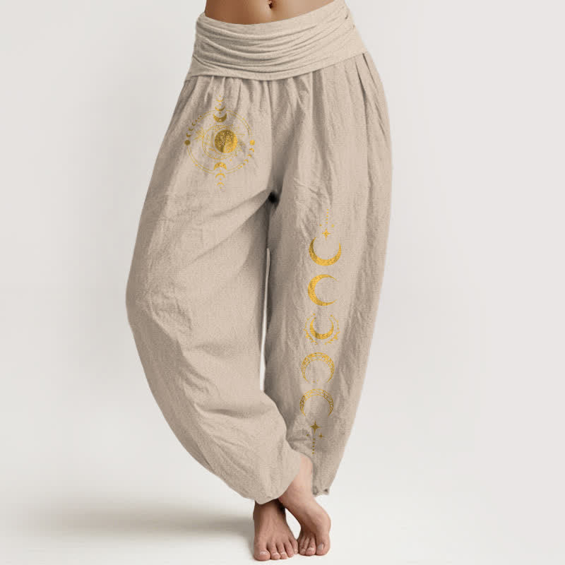 Buddha Stones 純綿ゴールデンムーンフェーズ柄レディースゴムウエストハーレムパンツ - タン - US16、 UK/AU20、 EU48 (3XL) - image 14