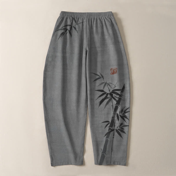 Buddha Stones 純綿インク竹柄ドローストリング付きメンズテーパードパンツ（ポケット付き） - image 3