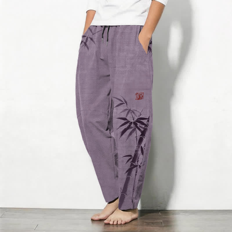 Buddha Stones 純綿インク竹柄ドローストリング付きメンズテーパードパンツ（ポケット付き） - image 12
