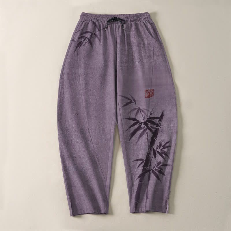 Buddha Stones 純綿インク竹柄ドローストリング付きメンズテーパードパンツ（ポケット付き） - image 13